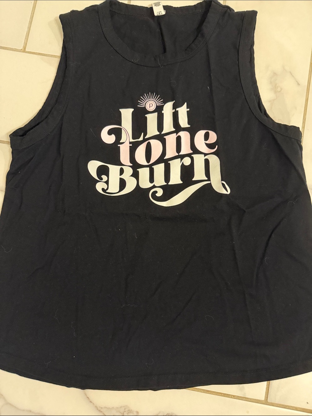 Pure Barre Black Tank Top with White and Light Pink 'Lift Tone Burn' Graphic